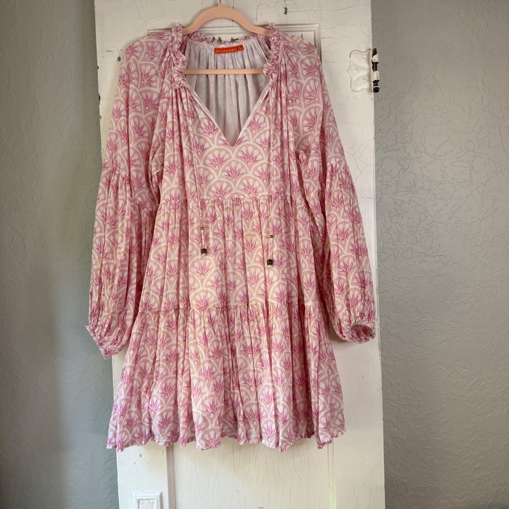 Oliphant Pink White Fan Print Cotton Tiered Mini Dress Large Boho Balloon Sleeve